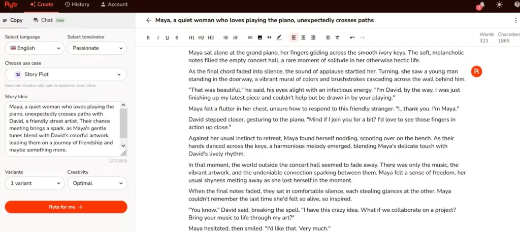 Rytr AI writing tool generating a romance story plot and dialogue example