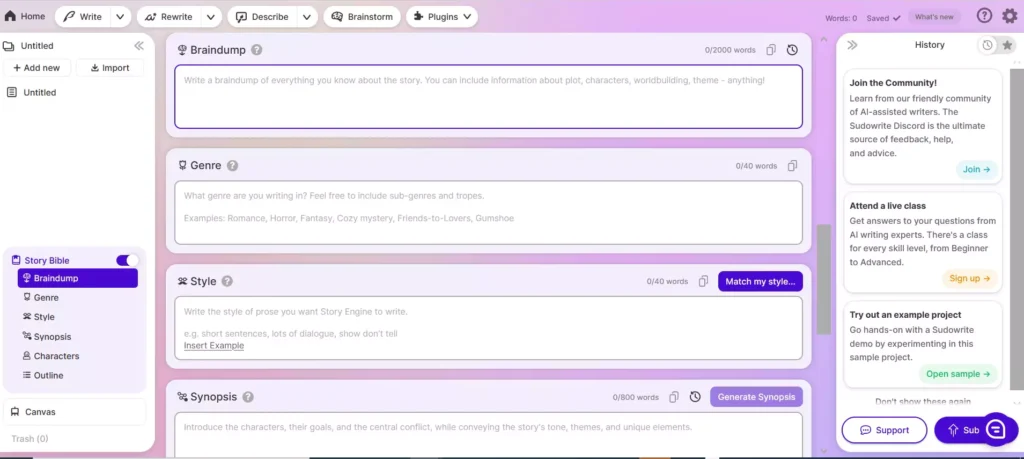 Image showcasing various Sudowrite features such as Braindump, Genre, Style, Synopsis, Characters, that aim to generate compelling entire live stories.