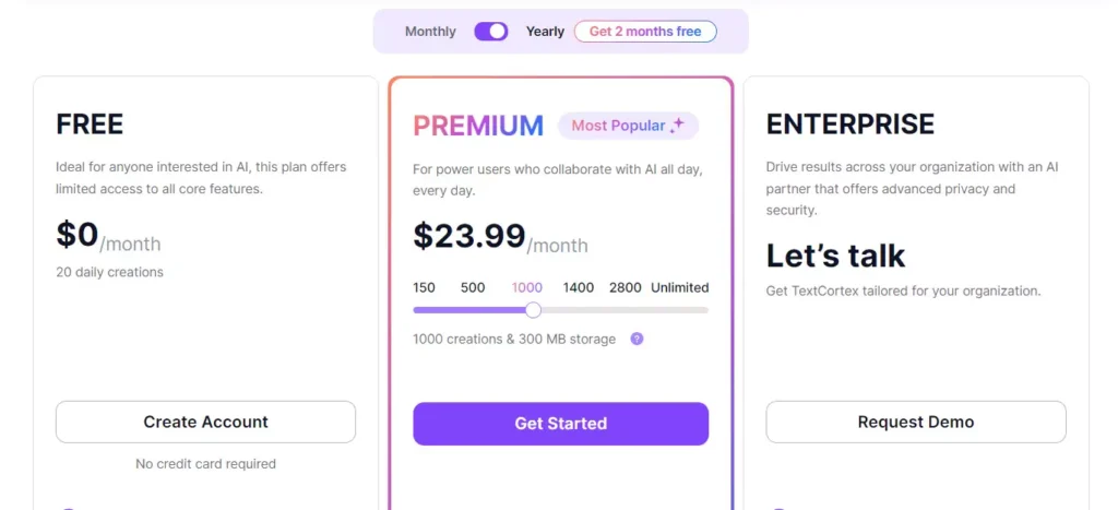 TextCortex AI writing tool pricing - Free plan offers 20 daily creations, Premium $23.99/mo for 1000 creations and 300MB storage, Enterprise plan available with advanced privacy and security.
