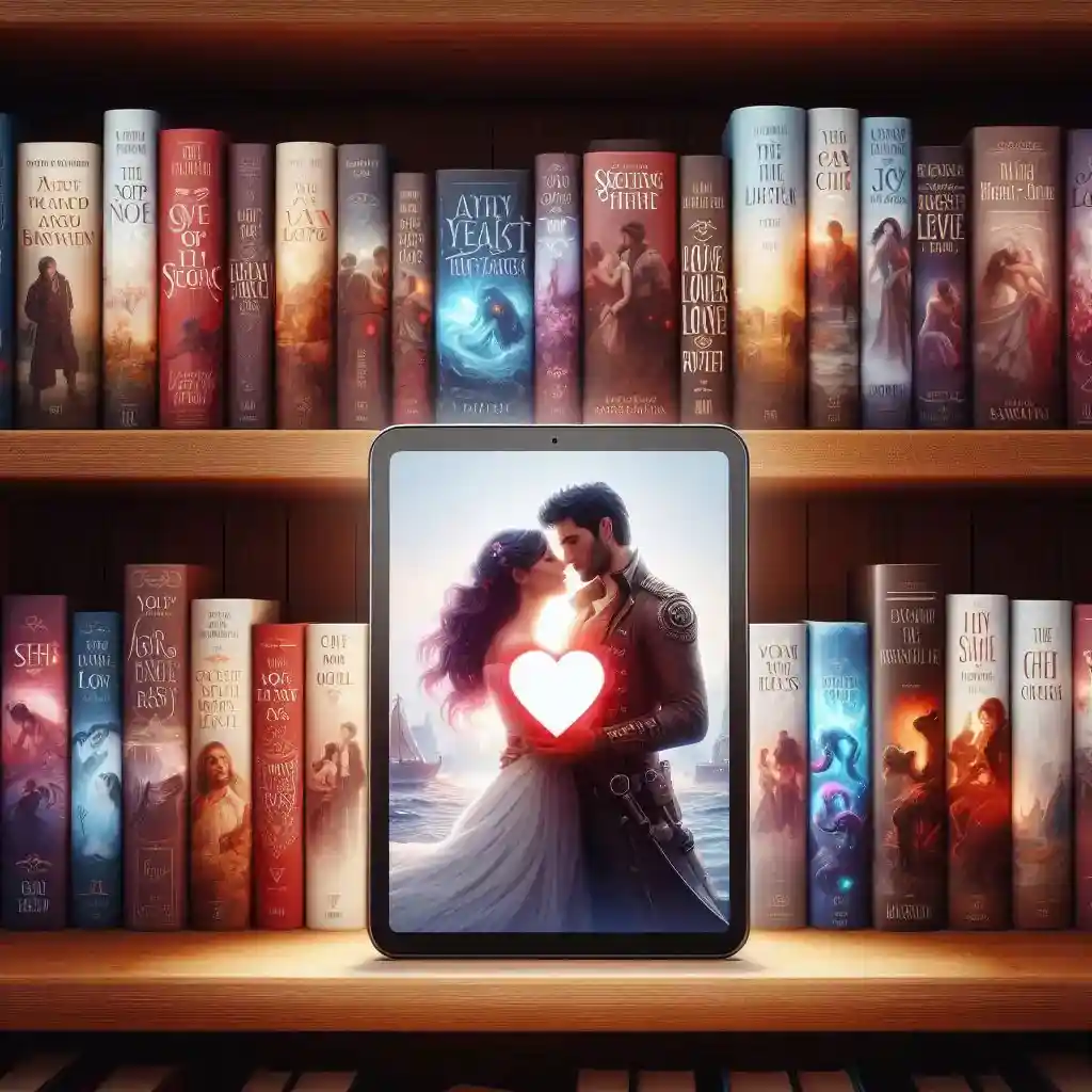 Romance bookshelf with AI tablet. Discover AI-powered, personalized romance plots!