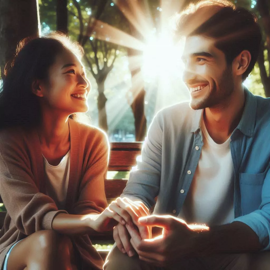 Diverse couple, sunlight dappled, smiles warmly. AI personalizes romance stories for deeper connection.