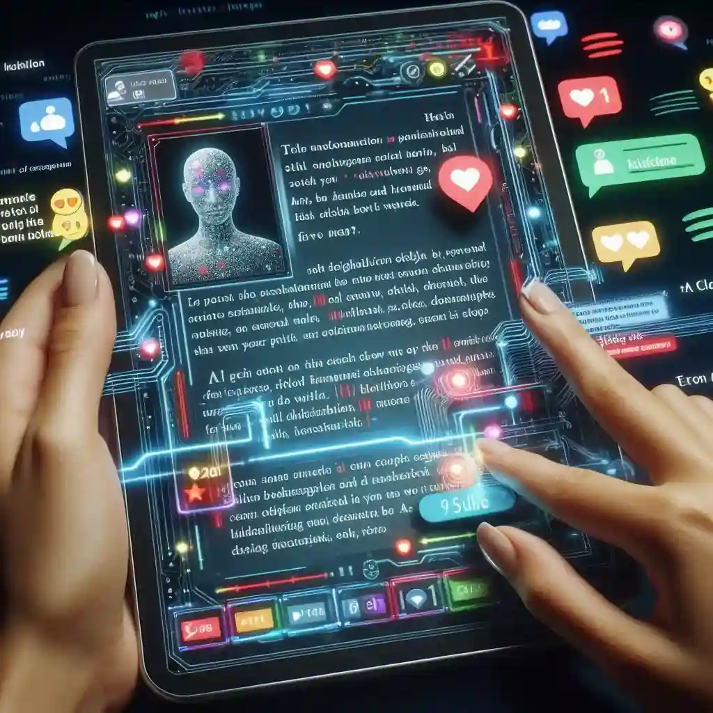 Futuristic e-reader with evolving story text, reader reactions, and AI processing feedback. Illustrates interactive, adaptive storytelling