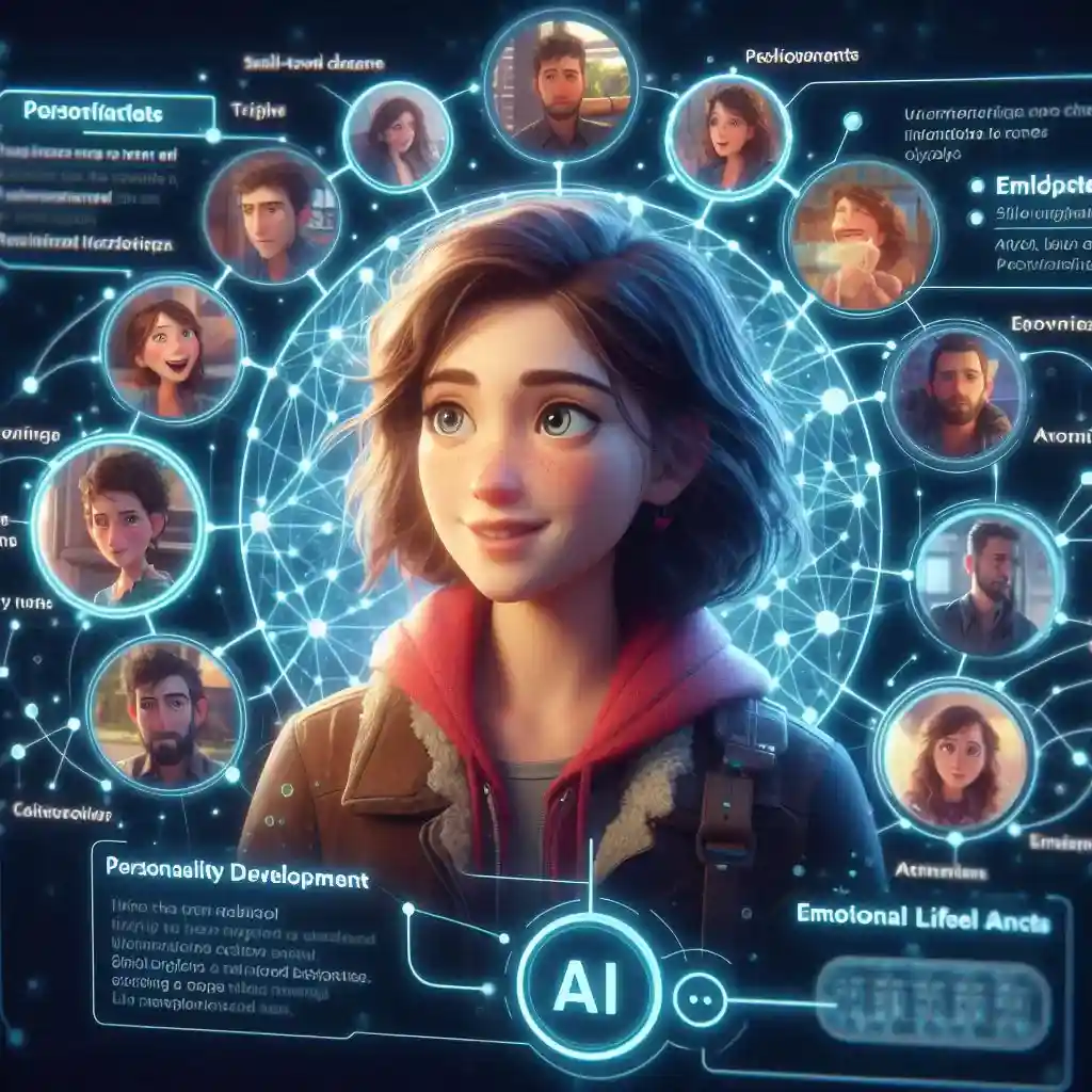 AI-powered screen displaying detailed character profiles, showcasing the evolution and complex traits of a relatable young woman protagonist.