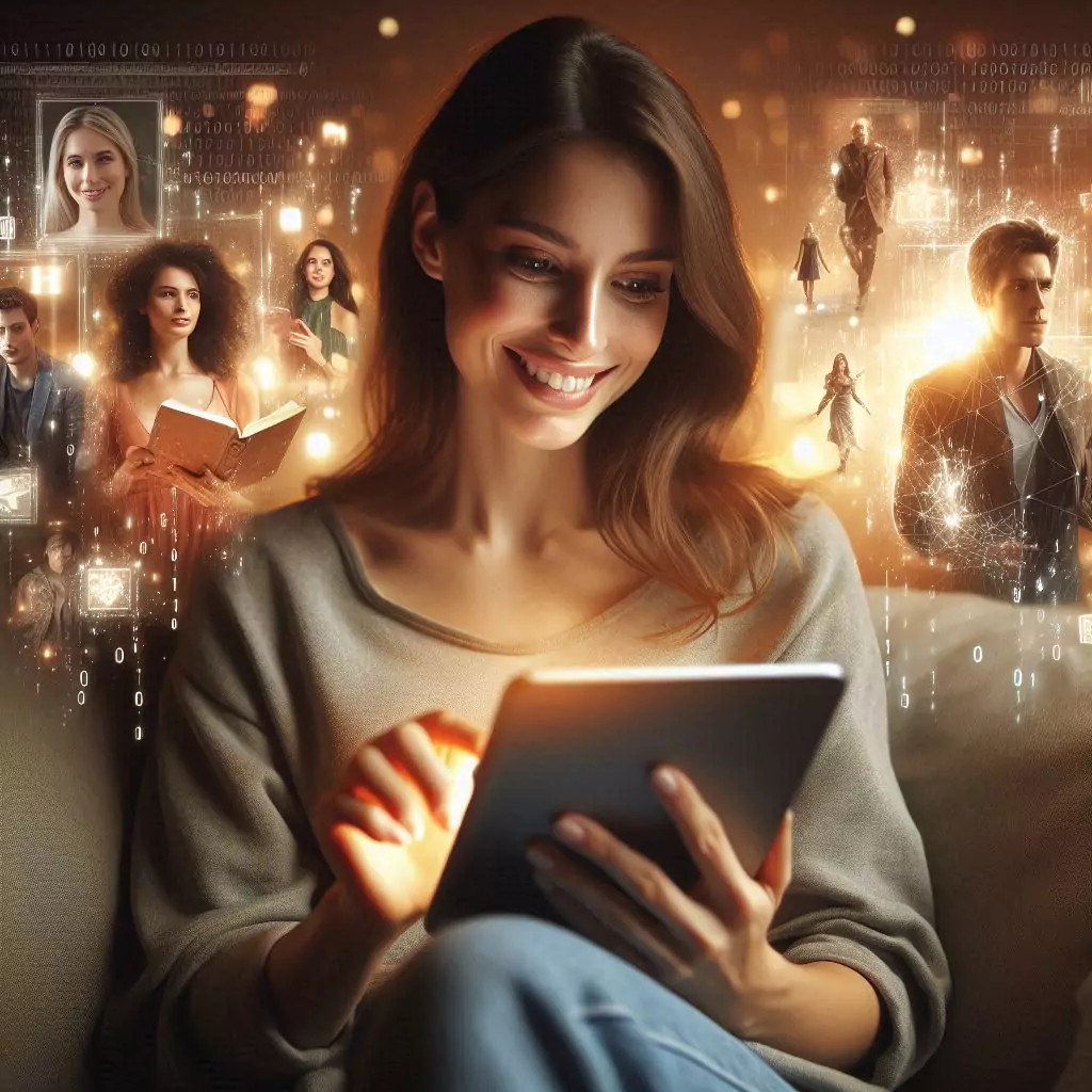 Young woman engrossed in AI-generated romance story on tablet, surrounded by holographic characters and scenes, showcasing personalized storytelling